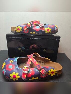 Calceo Clogs 39 Colorful Flower Slip On Faux Leather Cross Strap Hippie